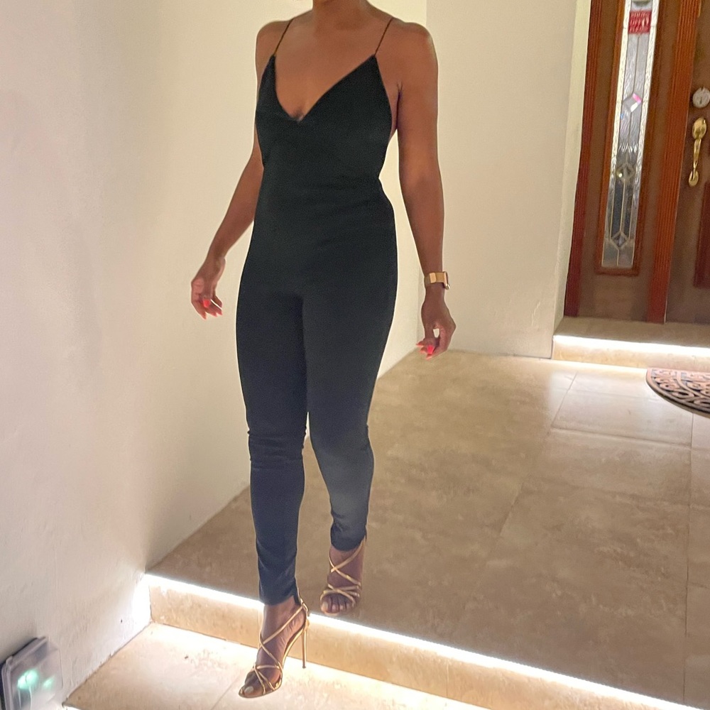 Black thin strap low back jumpsuit